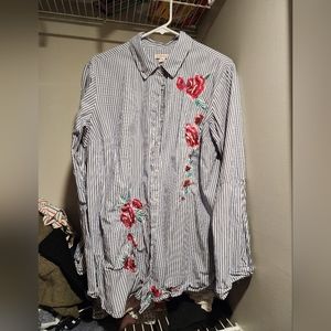 Merona striped button-down with embroidered flowers XXL